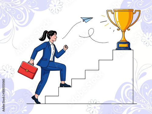 Businesswoman Running Up Stairs to Giant Golden Trophy, Success and Career Growth Concept Vector Illustration of Female Leader Achieving Goal and Professional Ambition.