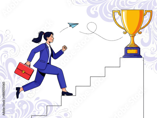 Businesswoman Running Up Stairs to Giant Golden Trophy, Success and Career Growth Concept Vector Illustration of Female Leader Achieving Goal and Professional Ambition.