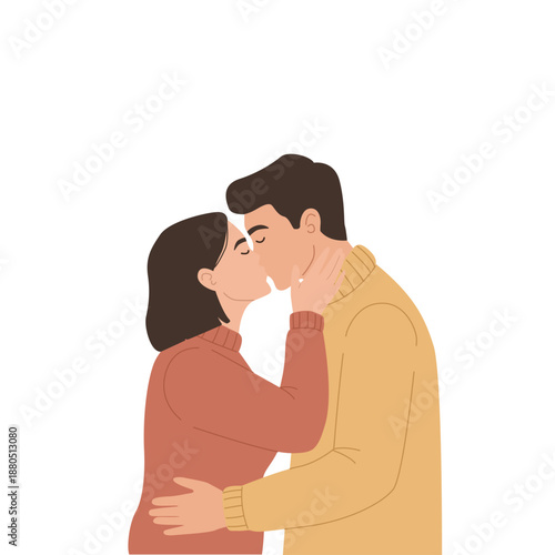 Romantic Young Couple Kissing and Embracing in Minimalist Flat Style. Sweet Lovers Hugging Together Isolated on White. Love and Relationship Concept Vector Illustration for Valentine.