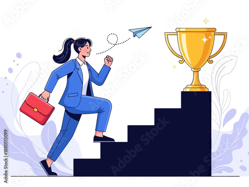 Businesswoman Running Up Stairs to Giant Golden Trophy, Success and Career Growth Concept Vector Illustration of Female Leader Achieving Goal and Professional Ambition.