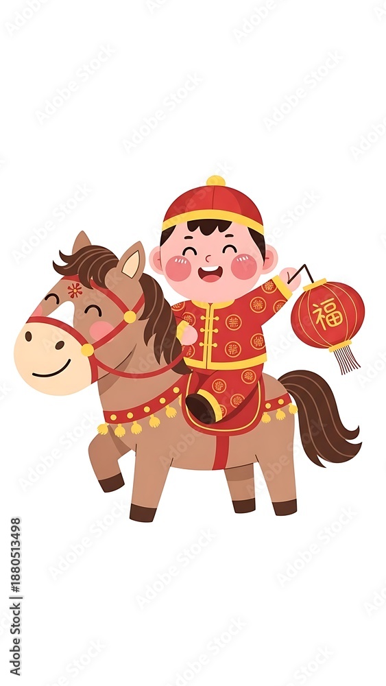 Fototapeta premium Chinese new year illustration of a boy riding a horse