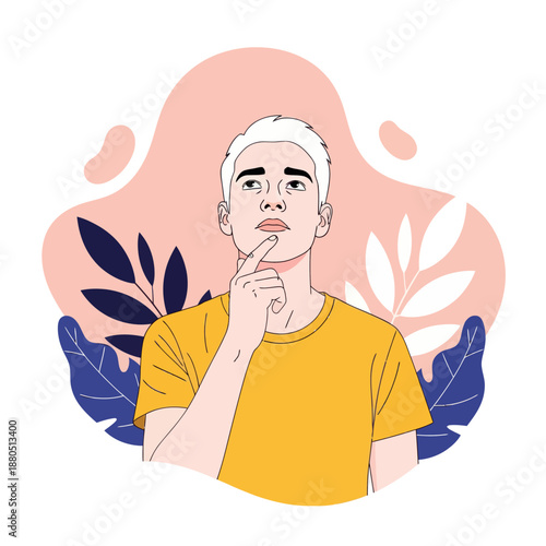 Pensive Young Man Thinking and Looking Up for Creative Ideas, Vector Illustration of Male Character with Thoughtful Expression, Dreaming or Brainstorming Concept with Abstract Background.