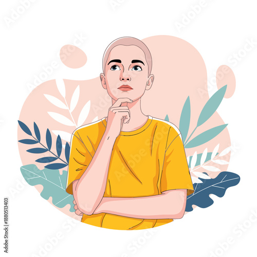 Pensive Young Man Thinking and Looking Up for Creative Ideas, Vector Illustration of Male Character with Thoughtful Expression, Dreaming or Brainstorming Concept with Abstract Background.