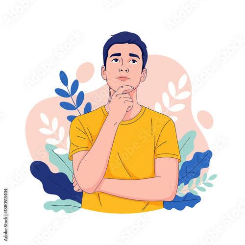 Pensive Young Man Thinking and Looking Up for Creative Ideas, Vector Illustration of Male Character with Thoughtful Expression, Dreaming or Brainstorming Concept with Abstract Background.
