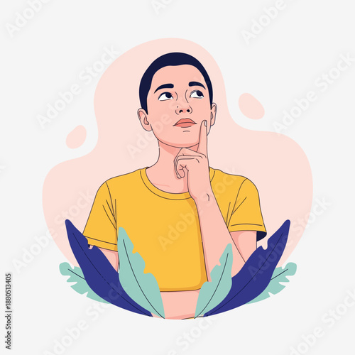 Pensive Young Man Thinking and Looking Up for Creative Ideas, Vector Illustration of Male Character with Thoughtful Expression, Dreaming or Brainstorming Concept with Abstract Background.