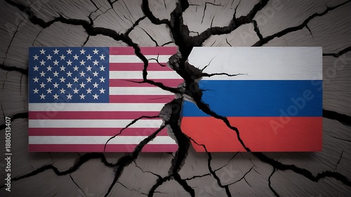 Wallpaper Mural United States and Russia flags divided by crack symbolizing political tension of soil on dark background. Torontodigital.ca