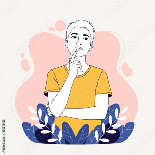Pensive Young Man Thinking and Looking Up for Creative Ideas, Vector Illustration of Male Character with Thoughtful Expression, Dreaming or Brainstorming Concept with Abstract Background.