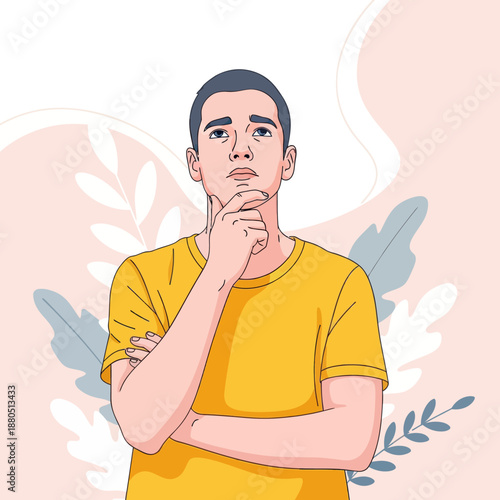 Pensive Young Man Thinking and Looking Up for Creative Ideas, Vector Illustration of Male Character with Thoughtful Expression, Dreaming or Brainstorming Concept with Abstract Background.