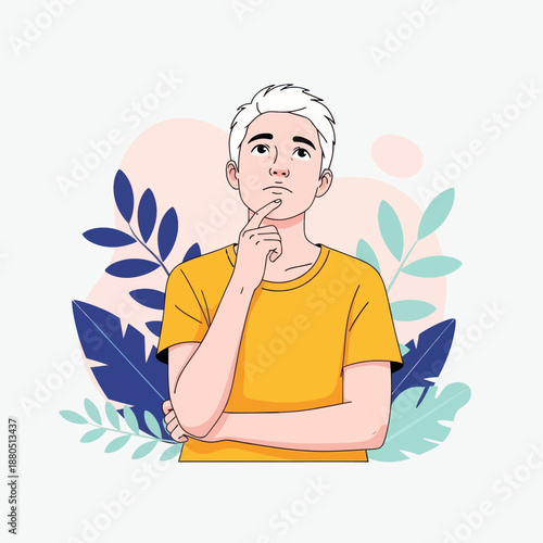 Pensive Young Man Thinking and Looking Up for Creative Ideas, Vector Illustration of Male Character with Thoughtful Expression, Dreaming or Brainstorming Concept with Abstract Background.