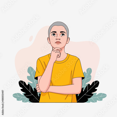 Pensive Young Man Thinking and Looking Up for Creative Ideas, Vector Illustration of Male Character with Thoughtful Expression, Dreaming or Brainstorming Concept with Abstract Background.