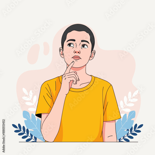 Pensive Young Man Thinking and Looking Up for Creative Ideas, Vector Illustration of Male Character with Thoughtful Expression, Dreaming or Brainstorming Concept with Abstract Background.