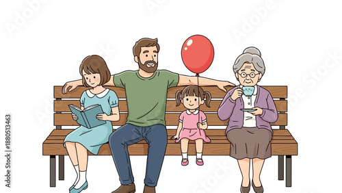 A multi-generational family sitting on a wooden bench together, with a father holding a balloon for his daughter.