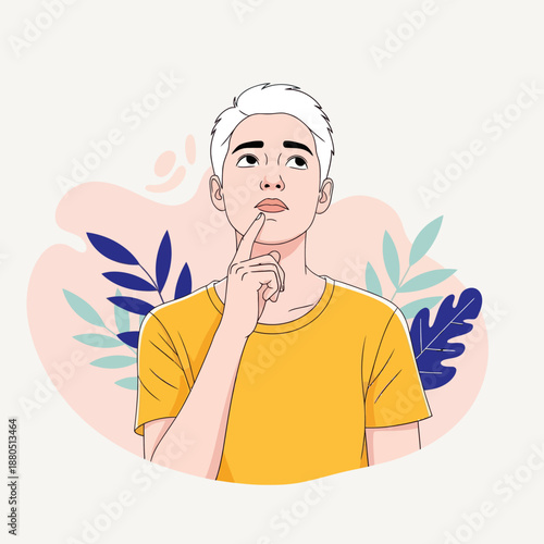 Pensive Young Man Thinking and Looking Up for Creative Ideas, Vector Illustration of Male Character with Thoughtful Expression, Dreaming or Brainstorming Concept with Abstract Background.
