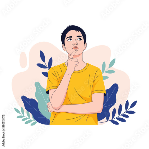 Pensive Young Man Thinking and Looking Up for Creative Ideas, Vector Illustration of Male Character with Thoughtful Expression, Dreaming or Brainstorming Concept with Abstract Background.