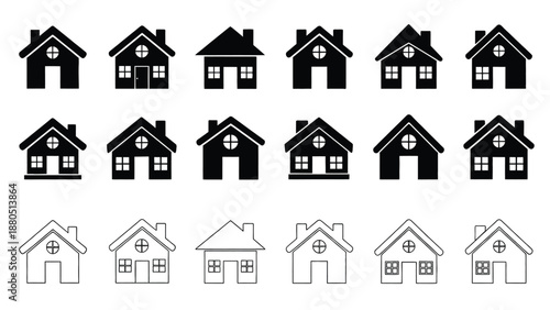 Collection of stylized house icons presented in black silhouette and contrasting white outline styles for various real estate or home related digital interface designs