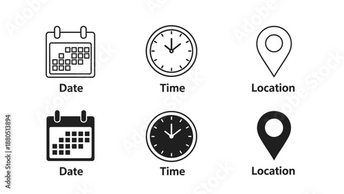 Collection of outline and filled icons representing essential scheduling concepts like date calendar time clock and geographic location map pin markers for navigation