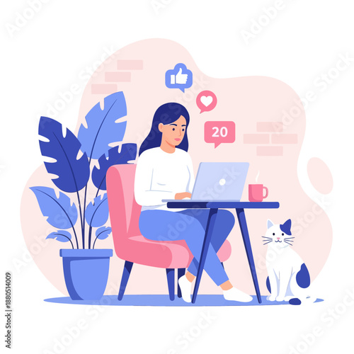 Young Woman Working on Laptop at Desk with Cat and Social Media Icons, Female Freelancer or Blogger Managing Content and Notifications Vector Illustration.