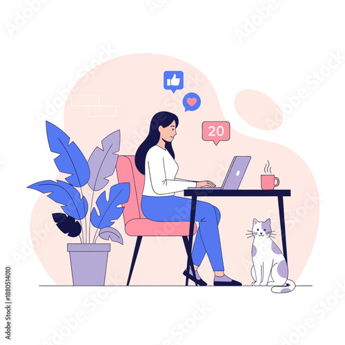 Young Woman Working on Laptop at Desk with Cat and Social Media Icons, Female Freelancer or Blogger Managing Content and Notifications Vector Illustration.