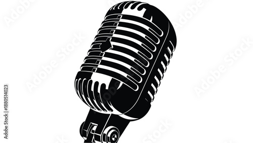 Striking black and white illustration of a classic vintage broadcast microphone captured from a dramatic angled perspective suitable for audio themes.