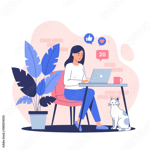 Young Woman Working on Laptop at Desk with Cat and Social Media Icons, Female Freelancer or Blogger Managing Content and Notifications Vector Illustration.