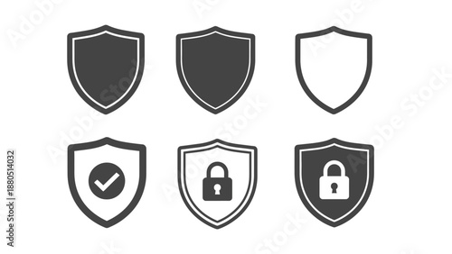 Collection of six distinct shield icons representing various levels of digital security protection authentication and defense against threats