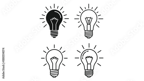 Collection of four distinct black and white graphic icons representing illuminated light bulbs symbolizing brilliant ideas innovation creativity and problem solving concepts