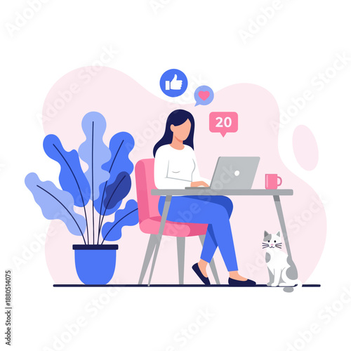 Young Woman Working on Laptop at Desk with Cat and Social Media Icons, Female Freelancer or Blogger Managing Content and Notifications Vector Illustration.