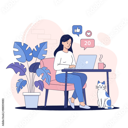 Young Woman Working on Laptop at Desk with Cat and Social Media Icons, Female Freelancer or Blogger Managing Content and Notifications Vector Illustration.