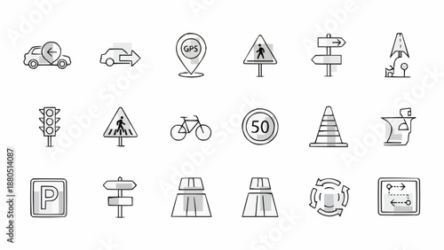 Collection of Hand Drawn Traffic and Road Signs Icons.