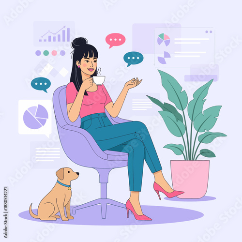 Happy Young Female Backpacker Traveling with Backpack and Smartphone in Mountains Landscape, Social Media Engagement with Likes and Comments Vector Illustration.