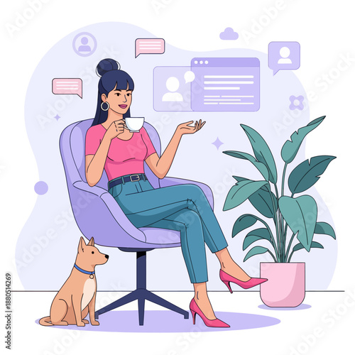 Happy Young Female Backpacker Traveling with Backpack and Smartphone in Mountains Landscape, Social Media Engagement with Likes and Comments Vector Illustration.