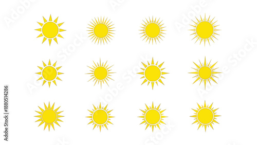 Collection of twelve bright yellow stylized sun icons displaying various radiant starburst shapes perfect for weather applications or summer design projects