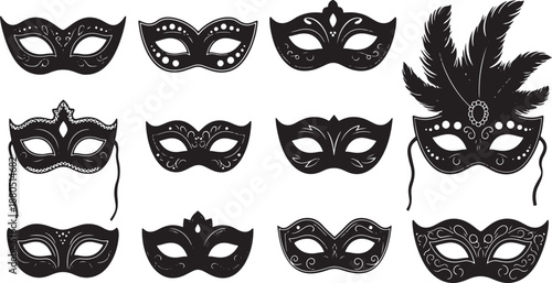 Elegant Black Masquerade Masks Collection with Feathers Vector Illustration