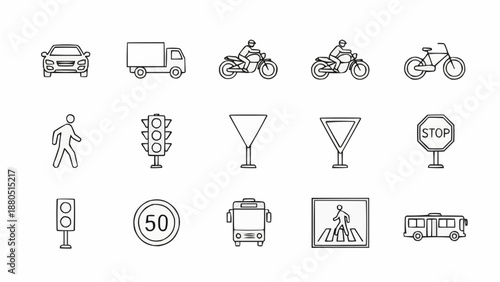Collection of transportation and traffic icons.