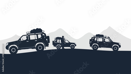Three Off Road Vehicles Driving in Mountains.