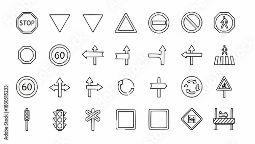 Collection of Hand Drawn Traffic and Road Signs Icons.
