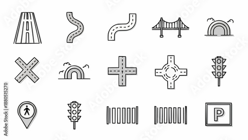 Collection of road and traffic symbols icons.