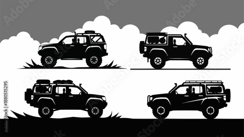 Four Wheel Drive Off Road Vehicles Silhouette Collection.
