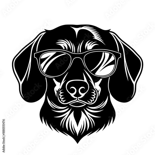 stylized black dog face portrait wearing glasses, bold graphic animal illustration isolated on white background with modern pop art attitude.