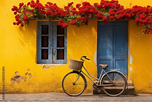 Vibrant yellow bicycle set against a bright mustard colored wall for a bold visual contrast