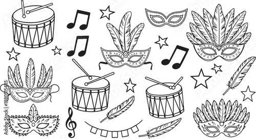 Mardi Gras Music and Masquerade Vector Illustration with Drums and Feathers