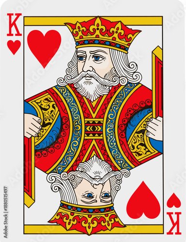 King of Hearts playing card, classic face card design, red blue yellow robe, sword, crown, vintage casino deck illustration