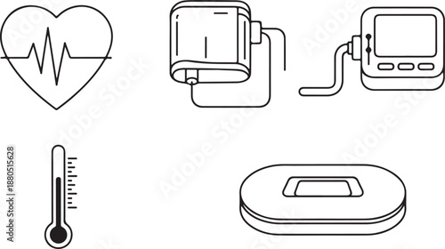 Medical Icons: Heartbeat, Blood Pressure Monitor, Thermometer, Pill Isolated on white background