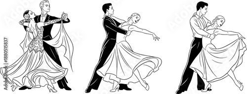 Ballroom dance couple poses, elegant formal attire illustration, graceful movement, romantic vector silhouettes, classic dance posture, stylish performance art set