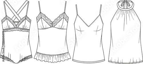 Lingerie top fashion illustration set, camisole design sketch, lace trim, halter neckline, ruffle hem, intimate apparel technical drawing