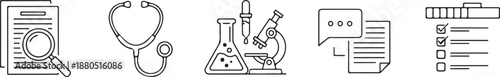 Medical Research Icons: Magnifying Glass, Stethoscope, Lab Equipment, Chat Bubble, Checklist Isolated on white background