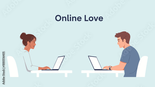 Man and Woman Using Laptops Together Online.
