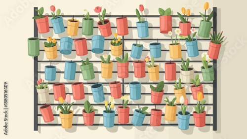 Many colorful pots of flowers and plants hang on a dark grid