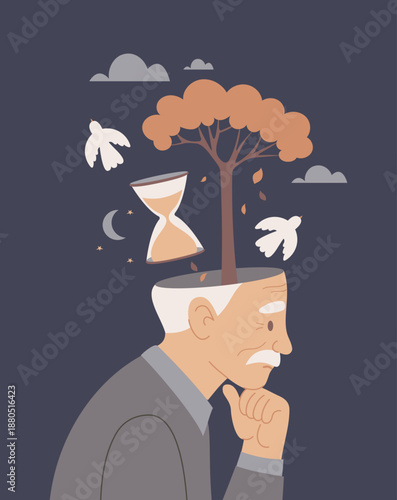 Calm Thoughtful Senior Man Thinking About Life Journey and Time. Concept Elderly Memory, Aging, and Legacy with Hourglass, Birds and Tree. Vector Flat Illustration