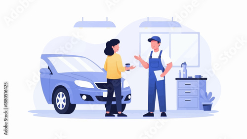 Mechanic and customer in garage discussing car